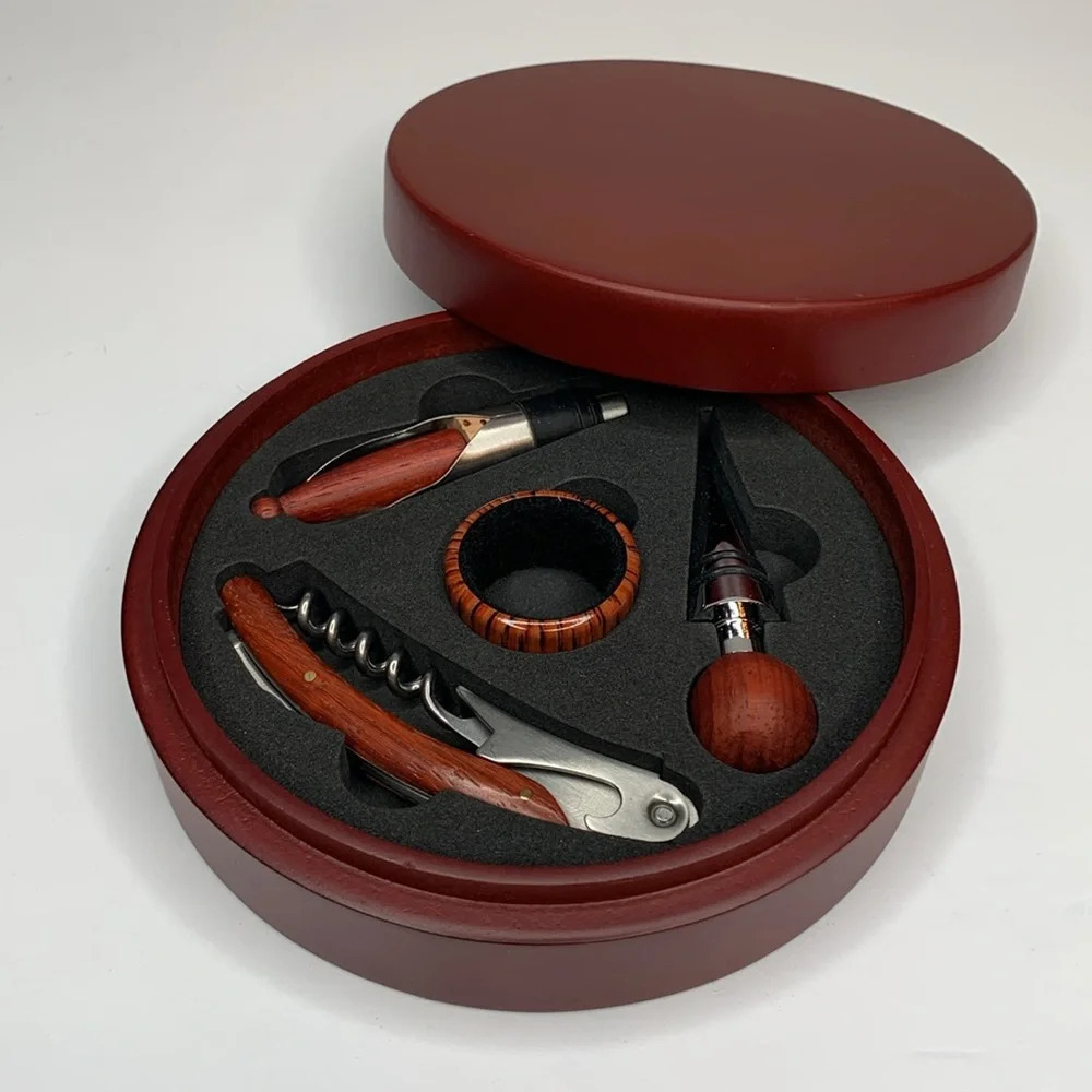4 pc Elegant Brown Wine Tool Set Corkscrew Bottle Stopper Wine Pourer Gift Box